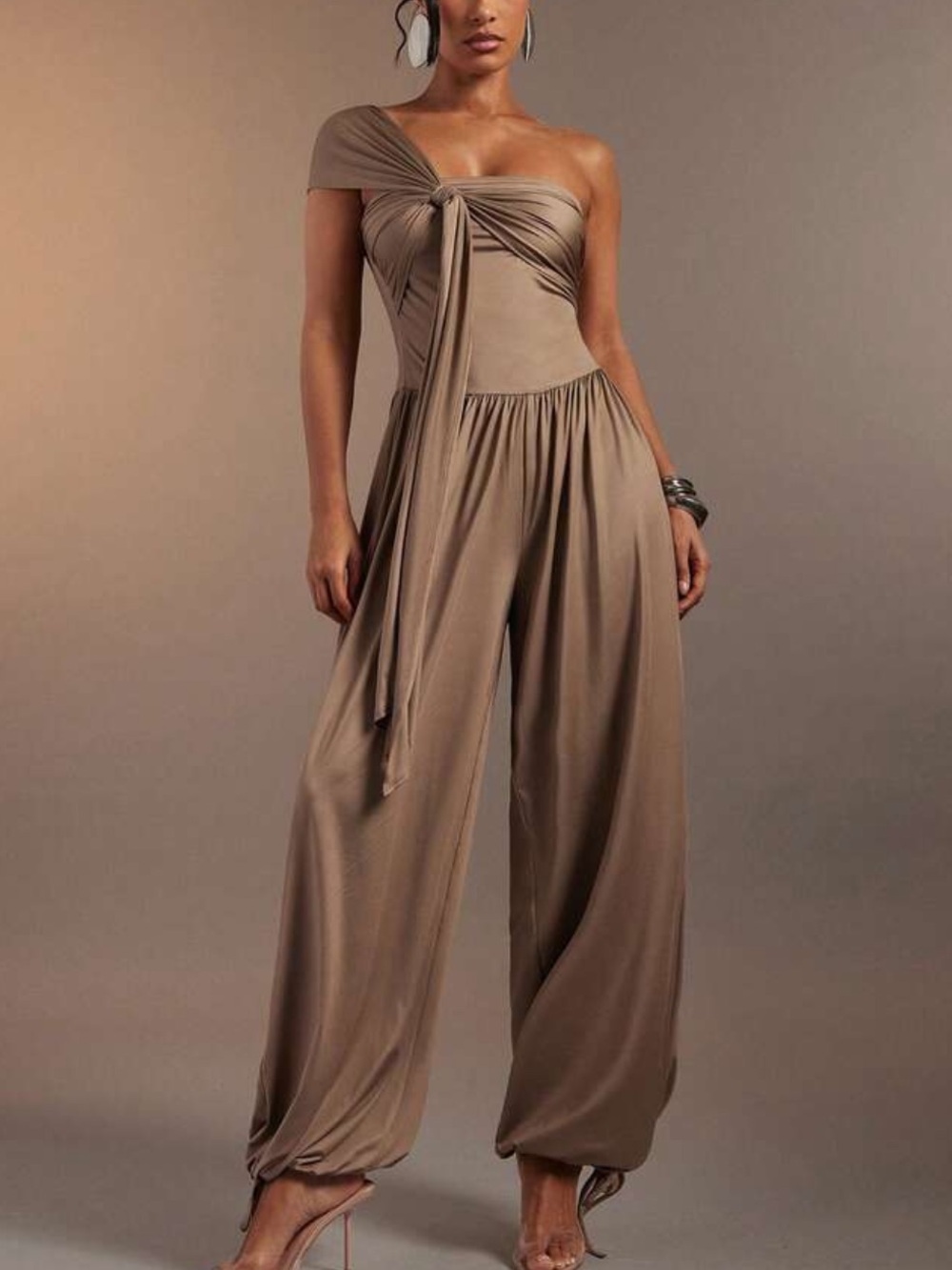 One-Shoulder Taupe Draped Tie Wide-Leg Jumpsuit